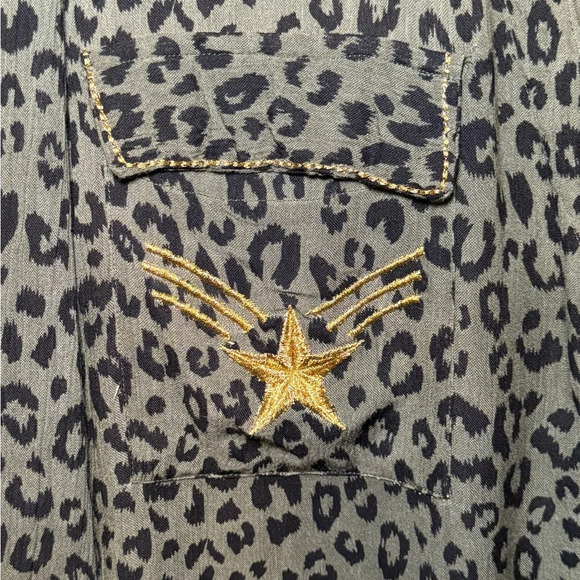 🌻 Z&L Anthropologie Olive Animal Print Gold Embroidered Women's sz Small Blouse - Picture 3 of 14